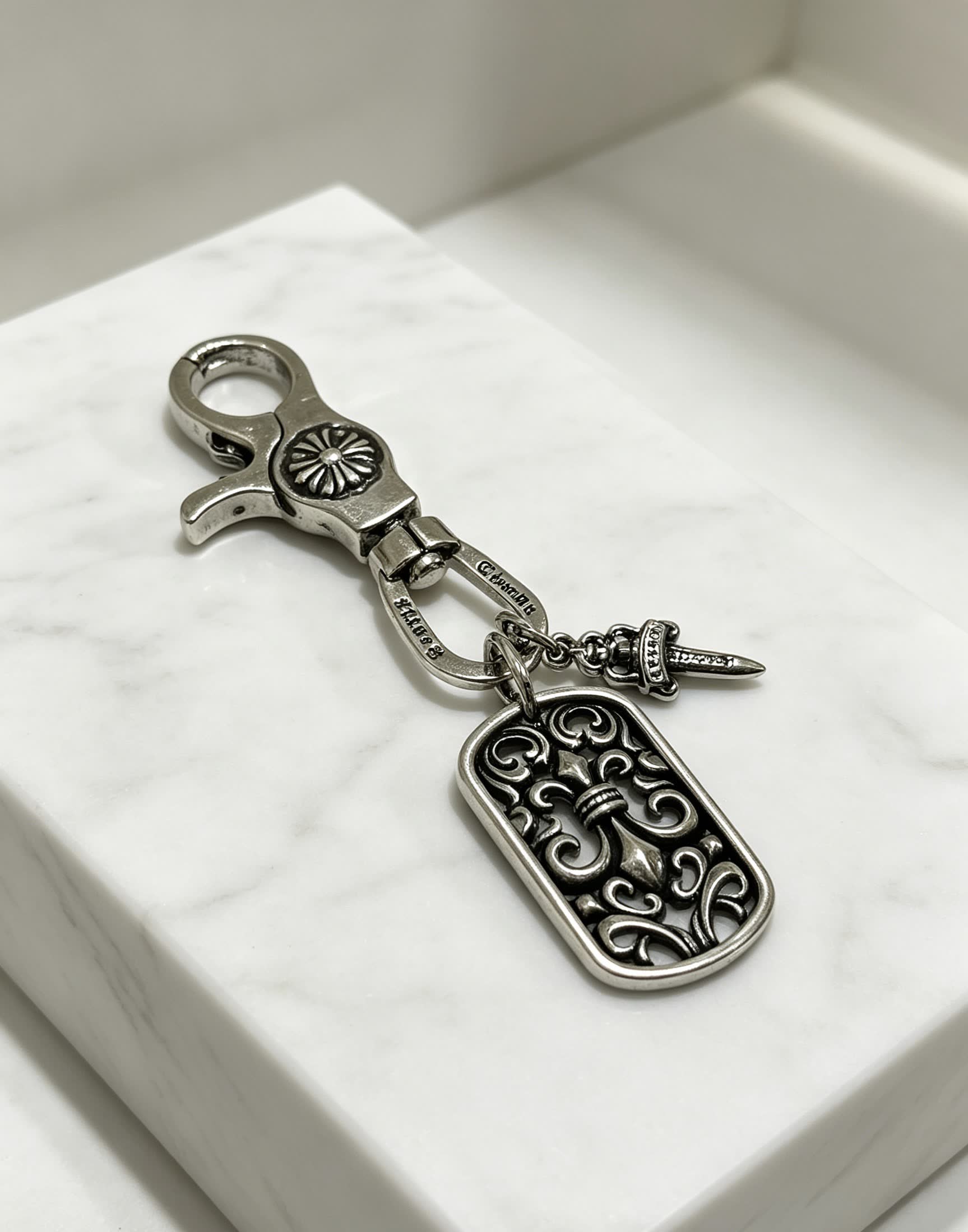 Chrome Hearts Charm Keychain with Fleur-de-lis and Dagger